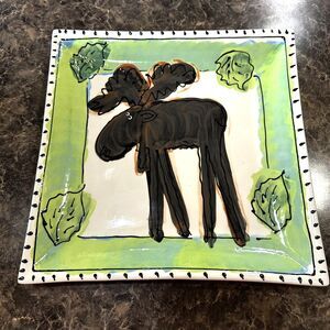 Artables Canada Dinner Plate Hand-Painted Square Ceramic Whimsical Moose